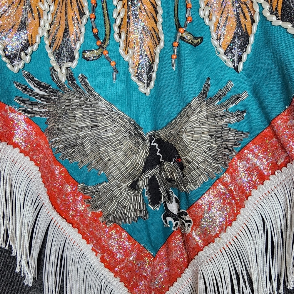 VINTAGE Handpainted Beaded Zip Sweatshirt Aztc Southwest Eagle Fringe Artsy XL - Picture 3 of 13